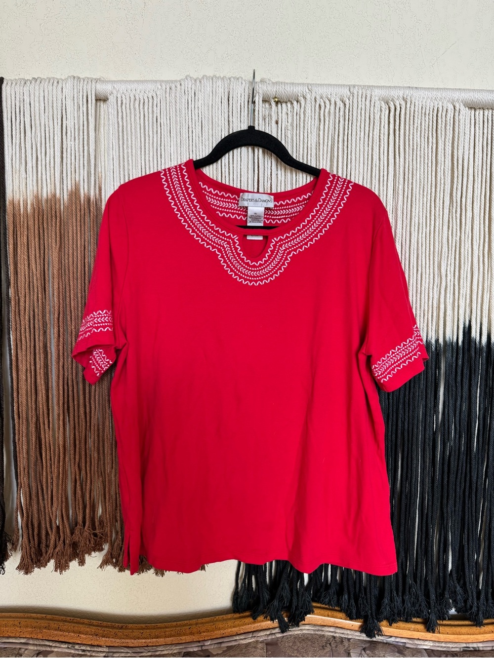Red Draper’s & Damon’s embroidered blouse; good condition but has pilling overal
